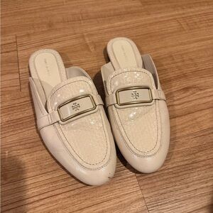 Tory Burch Cream Patent & Leather Backless Mules with Gold Logo Buckle